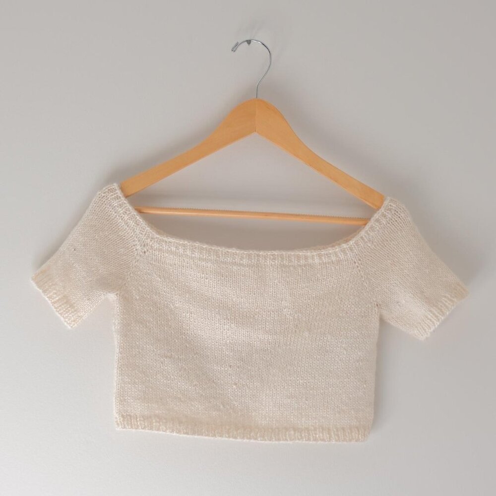 Handknit mohair and silk fuzzy off the shoulder top size XS/S